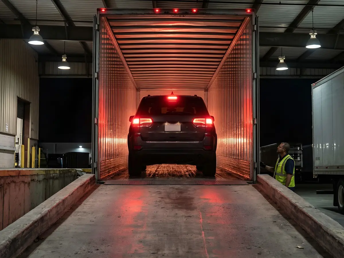 Camioneta dentro de una caja seca cerrada, lista para su traslado protegido